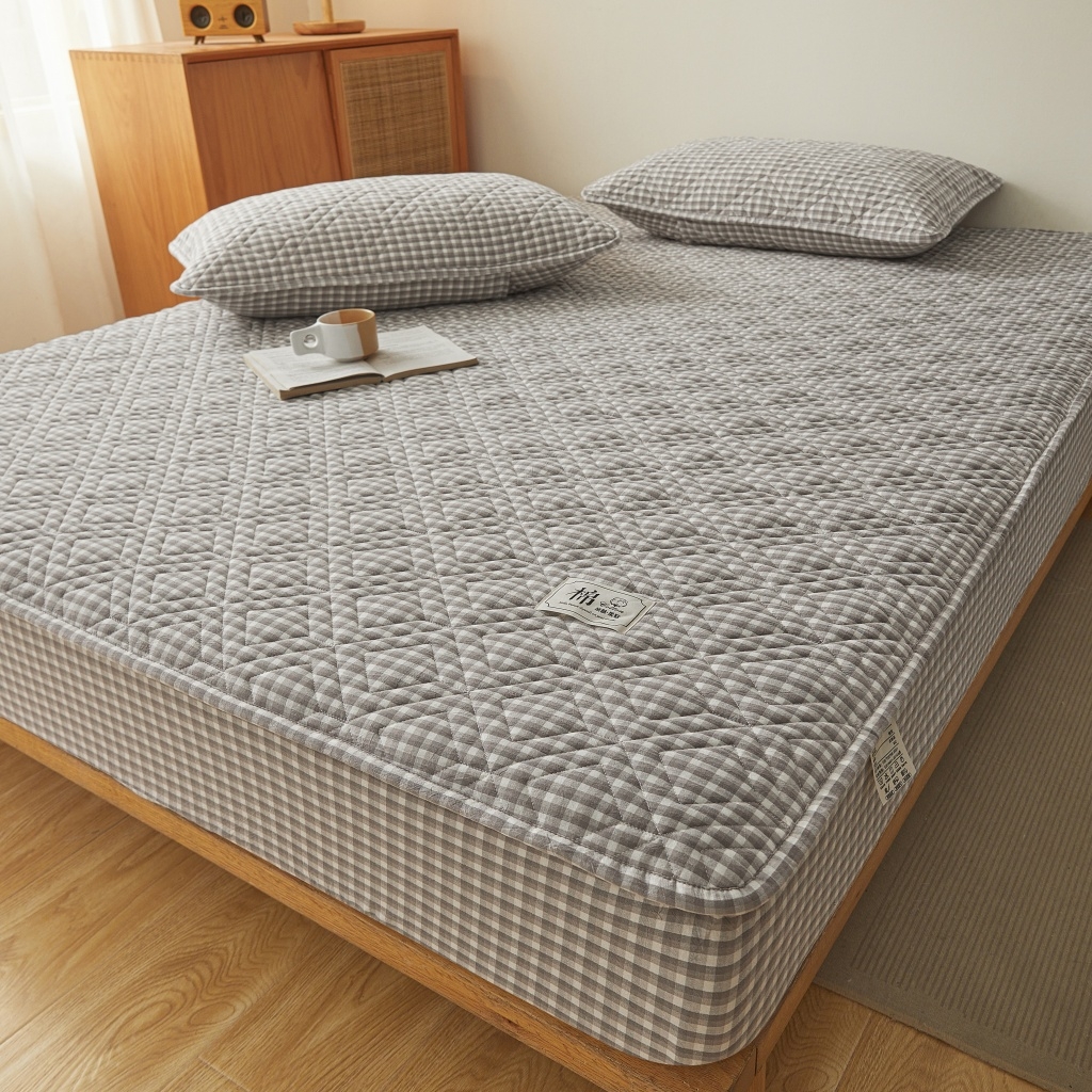 91家纺网 家纺一手货源 找家纺 缦彩 2026新款全棉纯棉水洗棉新疆棉花夹棉格子床笠单品床笠单件 织里-灰