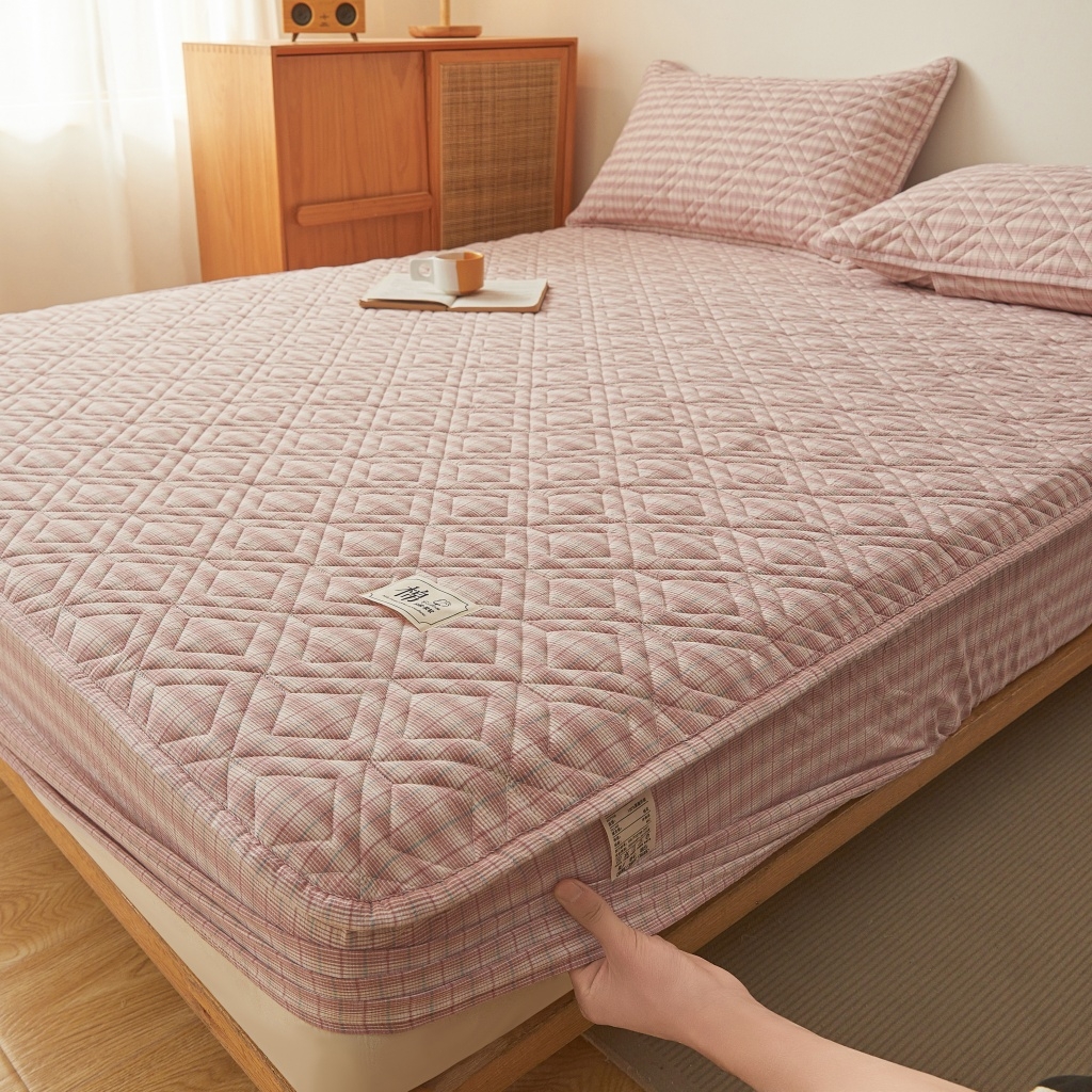 缦彩 2026新款全棉纯棉水洗棉新疆棉花夹棉格子床笠单品床笠单件 如约-粉