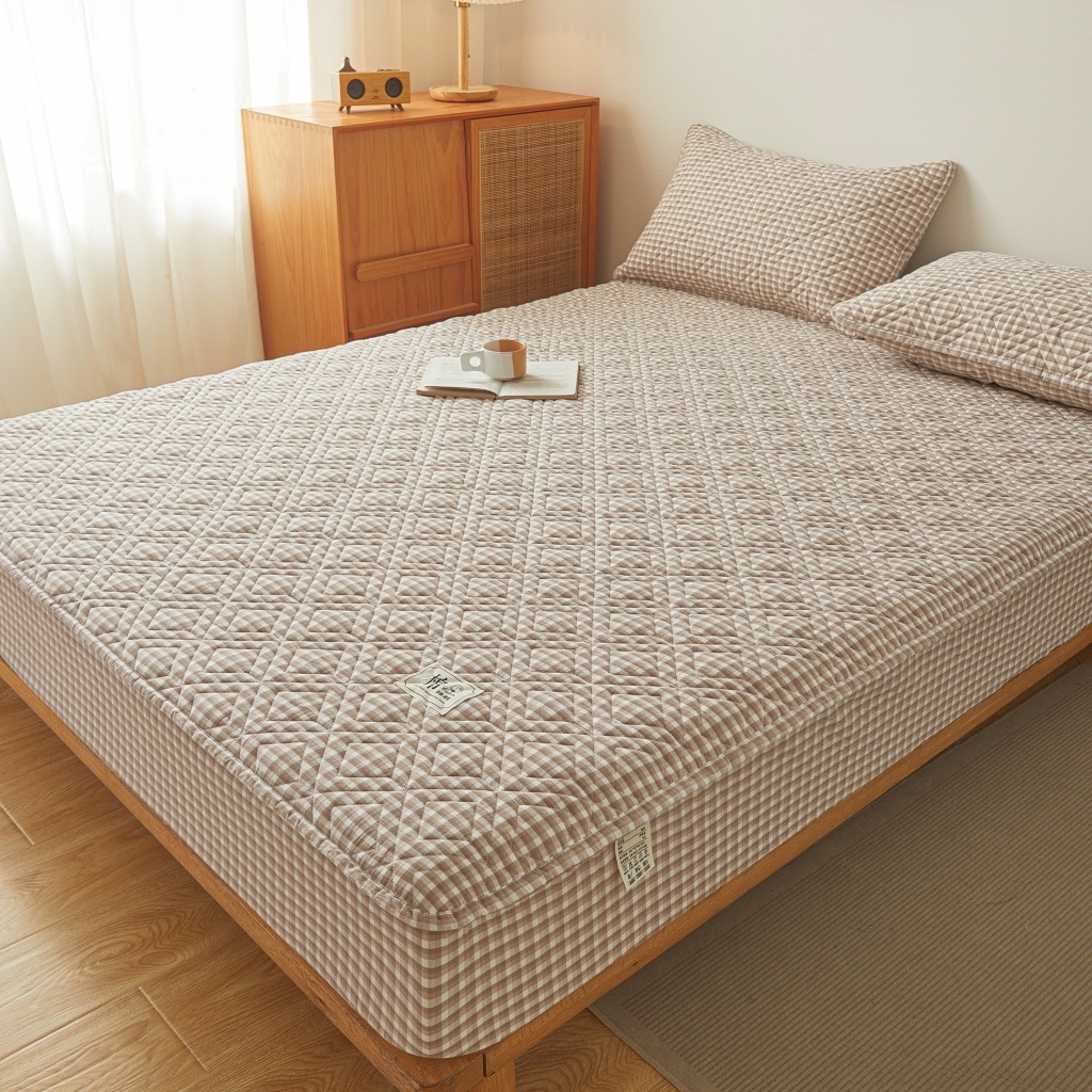 91家纺网 家纺一手货源 找家纺 缦彩 2026新款全棉纯棉水洗棉新疆棉花夹棉格子床笠单品床笠单件 织里-咖