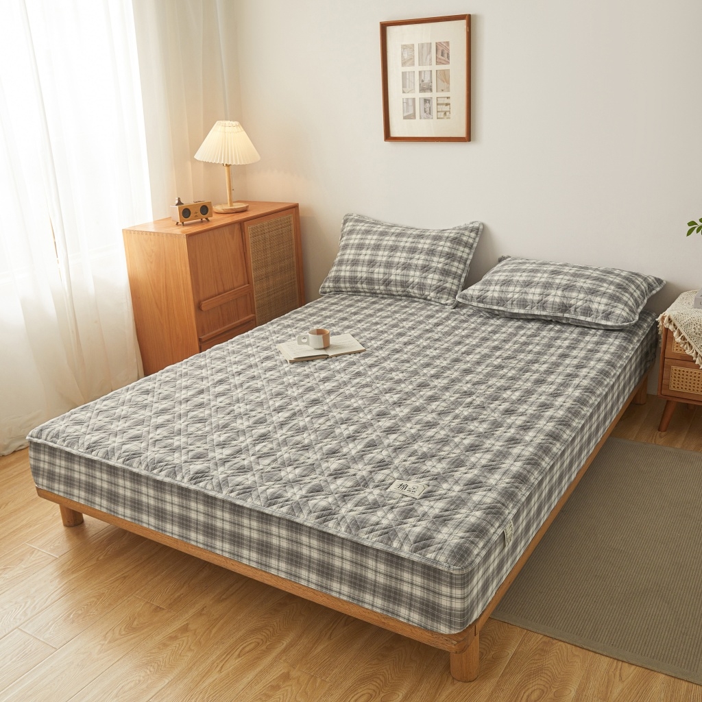 91家纺网 家纺一手货源 找家纺 缦彩 2026新款全棉纯棉水洗棉新疆棉花夹棉格子床笠单品床笠单件 舒然-灰