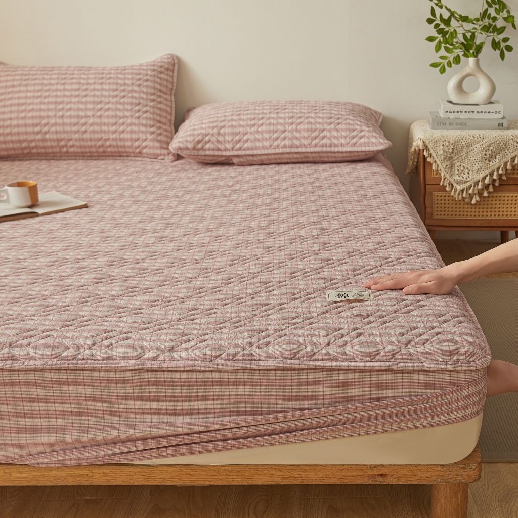91家纺网 家纺一手货源 找家纺 缦彩 2026新款全棉纯棉水洗棉新疆棉花夹棉格子床笠单品床笠单件 如约-粉