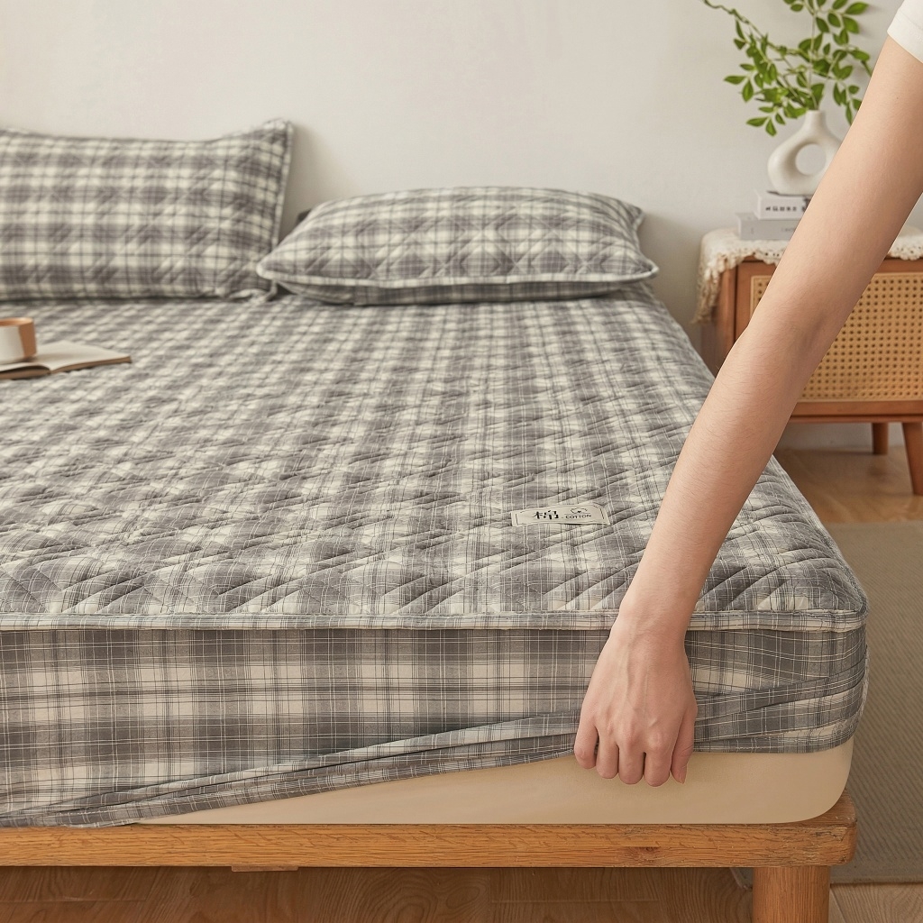 91家纺网 家纺一手货源 找家纺 缦彩 2026新款全棉纯棉水洗棉新疆棉花夹棉格子床笠单品床笠单件 舒然-灰