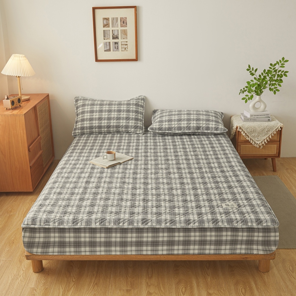 91家纺网 家纺一手货源 找家纺 缦彩 2026新款全棉纯棉水洗棉新疆棉花夹棉格子床笠单品床笠单件 舒然-灰