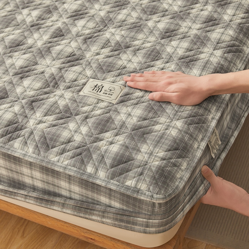 91家纺网 家纺一手货源 找家纺 缦彩 2026新款全棉纯棉水洗棉新疆棉花夹棉格子床笠单品床笠单件 舒然-灰