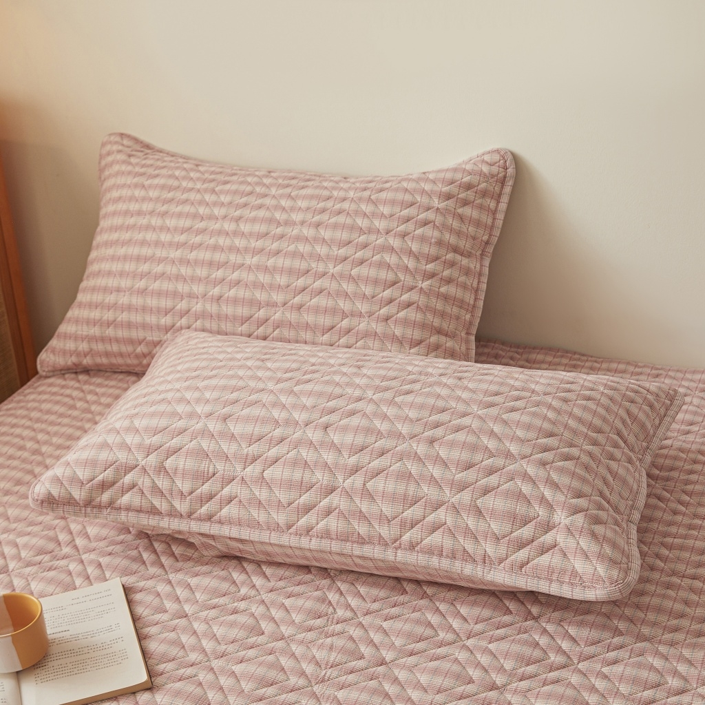 91家纺网 家纺一手货源 找家纺 缦彩 2026新款全棉纯棉水洗棉新疆棉花夹棉格子床笠单品床笠单件 如约-粉