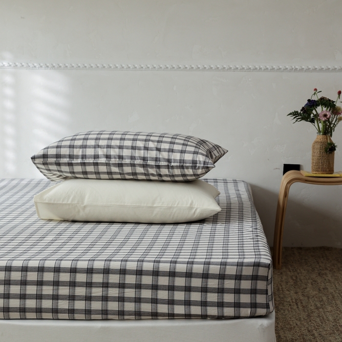 91家纺网 家纺一手货源 找家纺 棉眠 2026新款调色盘水洗棉混搭单品系列-格子单床笠 黑白格