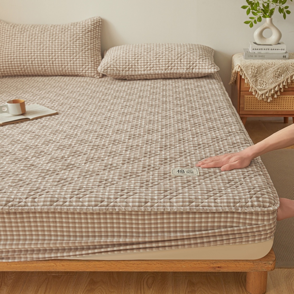 91家纺网 家纺一手货源 找家纺 缦彩 2026新款全棉纯棉水洗棉新疆棉花夹棉格子床笠单品床笠单件 织里-咖