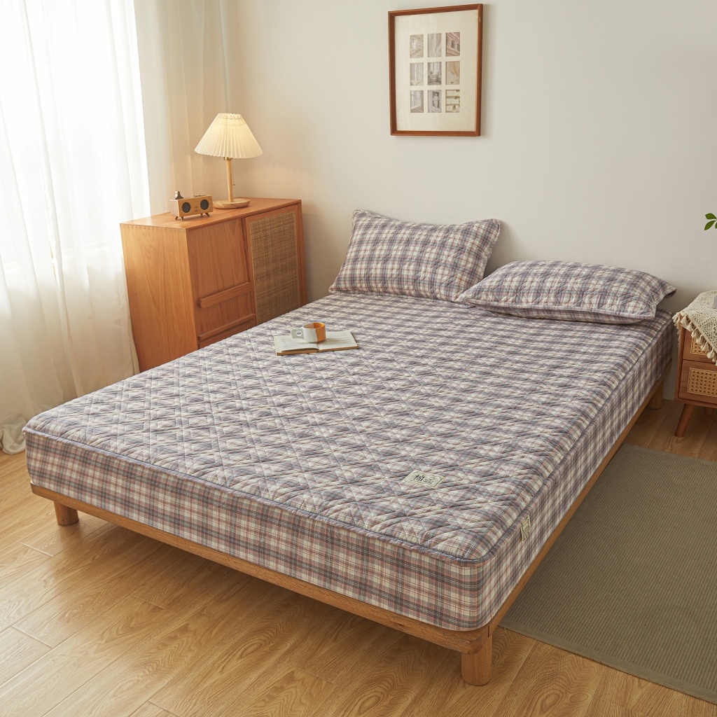 91家纺网 家纺一手货源 找家纺 缦彩 2026新款全棉纯棉水洗棉新疆棉花夹棉格子床笠单品床笠单件 舒然-粉