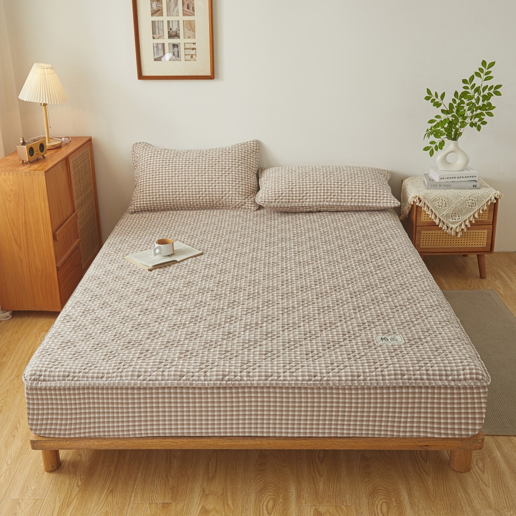 91家纺网 家纺一手货源 找家纺 缦彩 2026新款全棉纯棉水洗棉新疆棉花夹棉格子床笠单品床笠单件 织里-咖