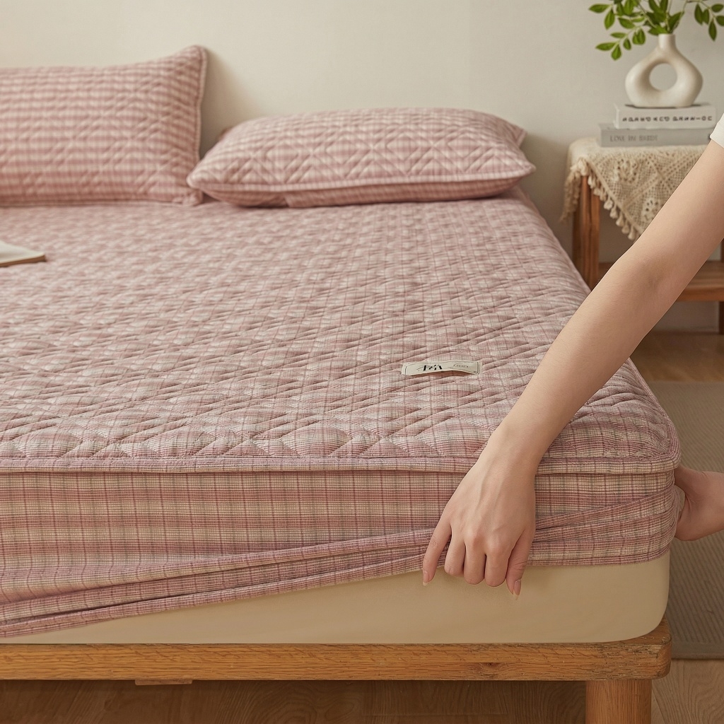 91家纺网 家纺一手货源 找家纺 缦彩 2026新款全棉纯棉水洗棉新疆棉花夹棉格子床笠单品床笠单件 如约-粉