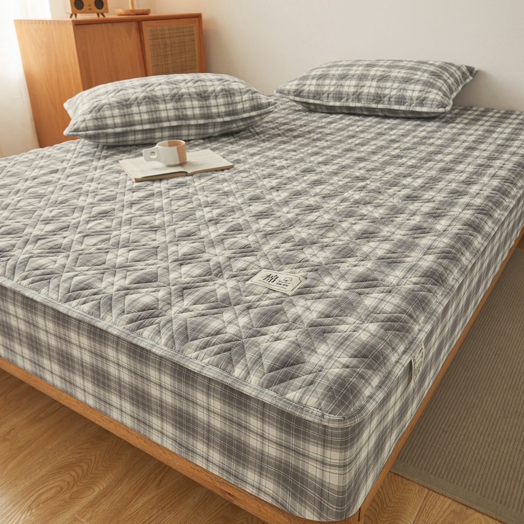 91家纺网 家纺一手货源 找家纺 缦彩 2026新款全棉纯棉水洗棉新疆棉花夹棉格子床笠单品床笠单件 舒然-灰