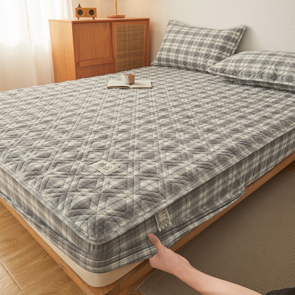 91家纺网 家纺一手货源 找家纺 缦彩 2026新款全棉纯棉水洗棉新疆棉花夹棉格子床笠单品床笠单件 舒然-灰