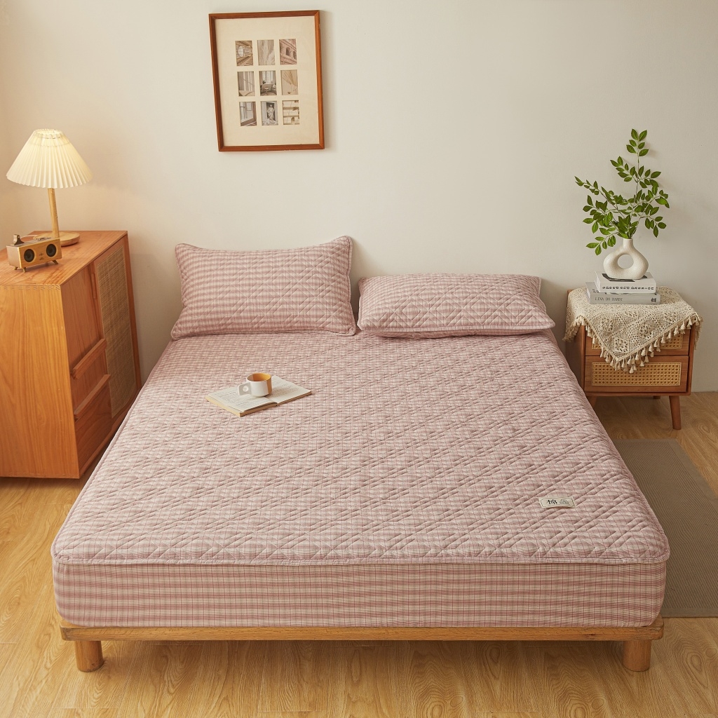 91家纺网 家纺一手货源 找家纺 缦彩 2026新款全棉纯棉水洗棉新疆棉花夹棉格子床笠单品床笠单件 如约-粉