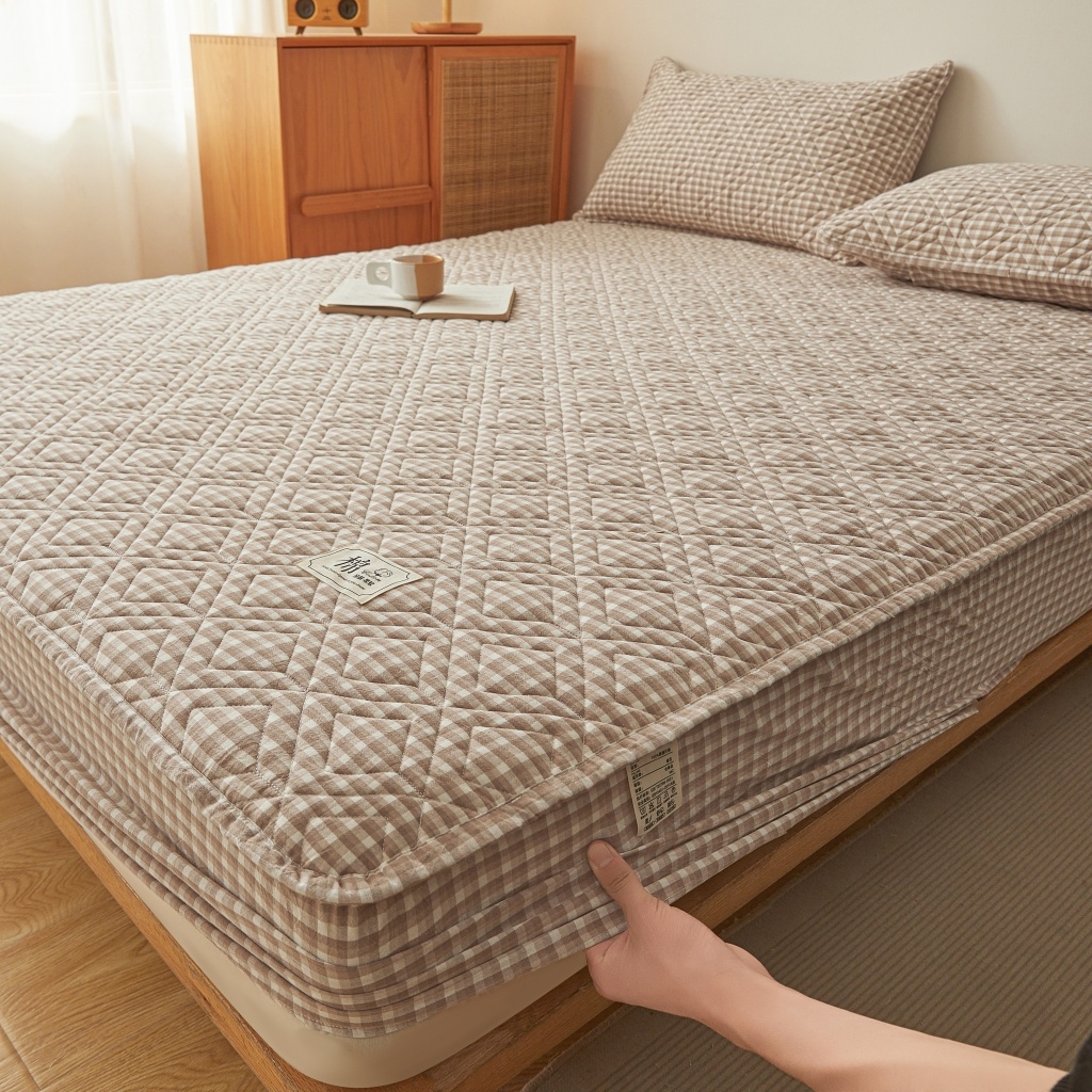 91家纺网 家纺一手货源 找家纺 缦彩 2026新款全棉纯棉水洗棉新疆棉花夹棉格子床笠单品床笠单件 织里-咖