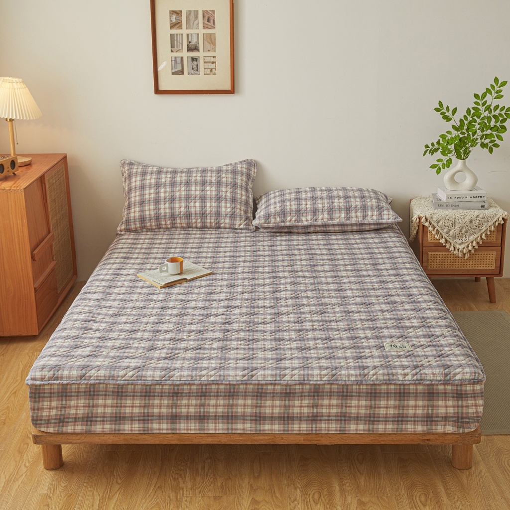 91家纺网 家纺一手货源 找家纺 缦彩 2026新款全棉纯棉水洗棉新疆棉花夹棉格子床笠单品床笠单件 舒然-粉