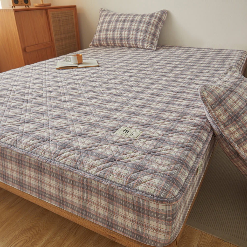 91家纺网 家纺一手货源 找家纺 缦彩 2026新款全棉纯棉水洗棉新疆棉花夹棉格子床笠单品床笠单件 舒然-粉