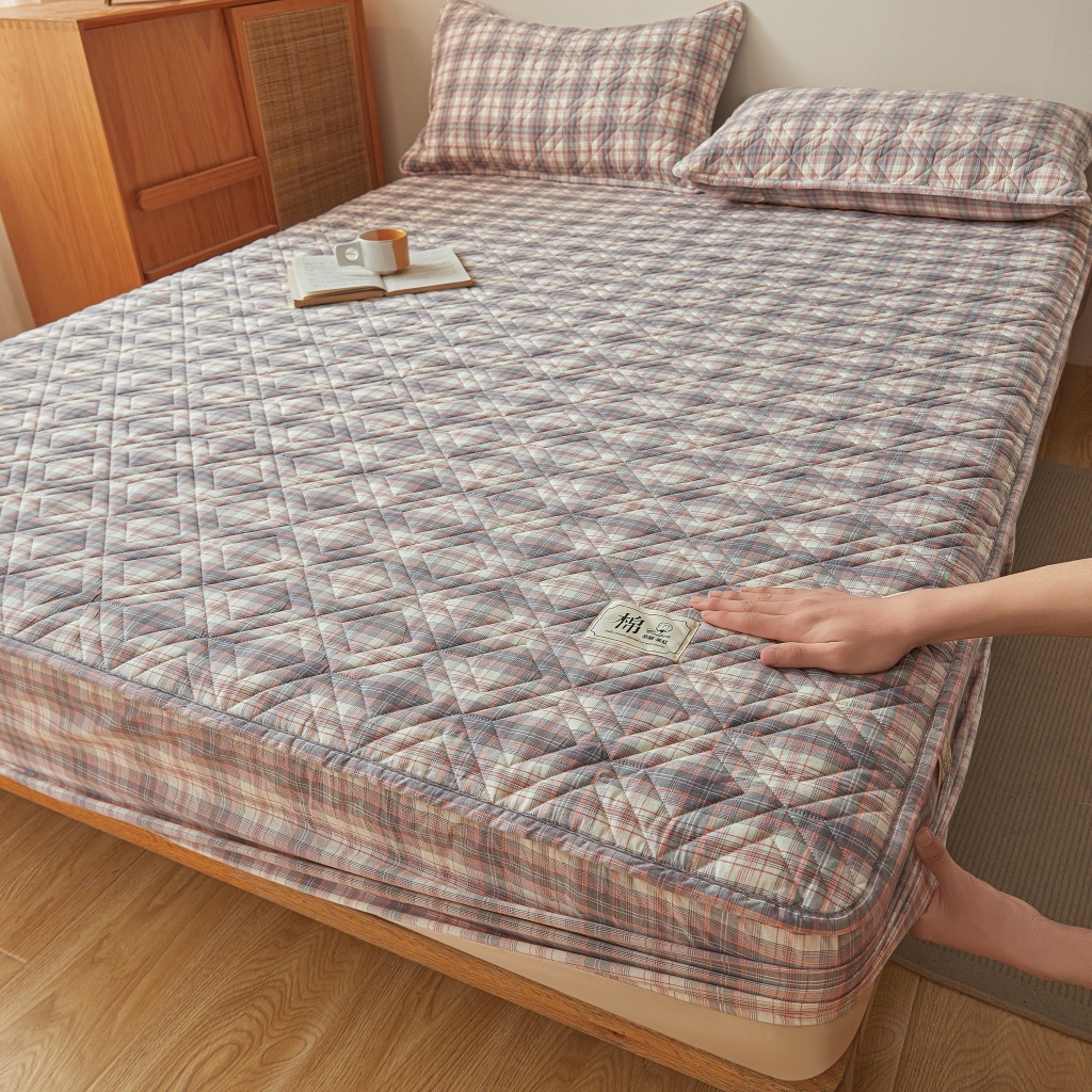 缦彩 2026新款全棉纯棉水洗棉新疆棉花夹棉格子床笠单品床笠单件 舒然-粉