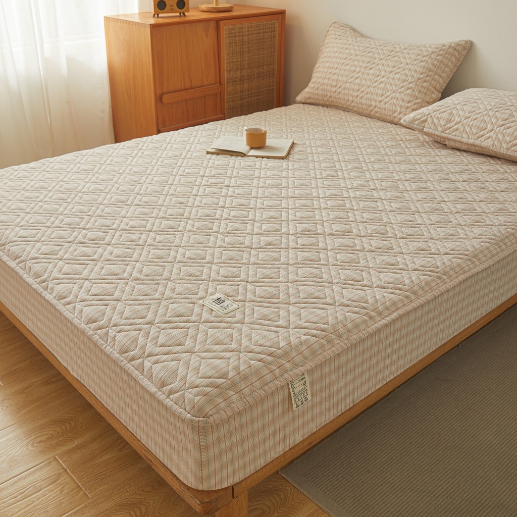 91家纺网 家纺一手货源 找家纺 缦彩 2026新款全棉纯棉水洗棉新疆棉花夹棉格子床笠单品床笠单件 如约-咖