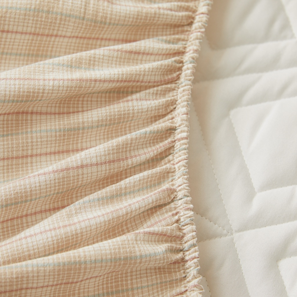 91家纺网 家纺一手货源 找家纺 缦彩 2026新款全棉纯棉水洗棉新疆棉花夹棉格子床笠单品床笠单件 如约-咖