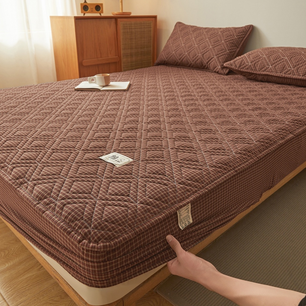 缦彩 2026新款全棉纯棉水洗棉新疆棉花夹棉格子床笠单品床笠单件 摩卡