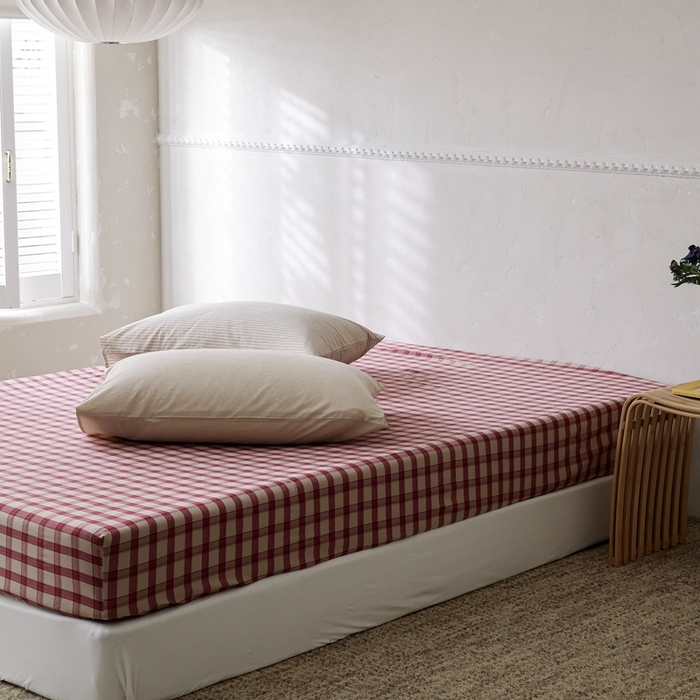 91家纺网 家纺一手货源 找家纺 棉眠 2026新款调色盘水洗棉混搭单品系列-格子单床笠 红格