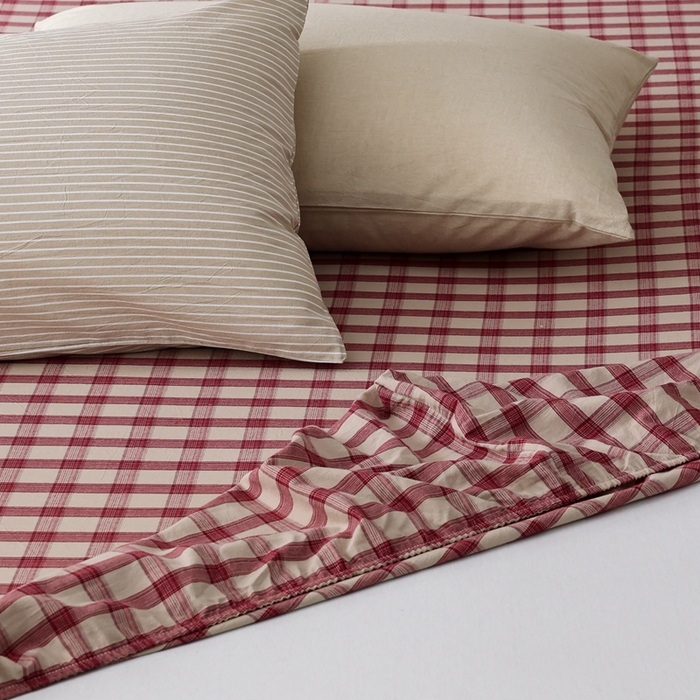 91家纺网 家纺一手货源 找家纺 棉眠 2026新款调色盘水洗棉混搭单品系列-格子单床笠 红格