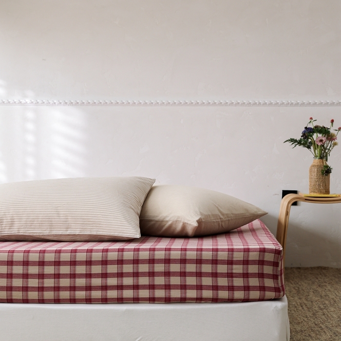 91家纺网 家纺一手货源 找家纺 棉眠 2026新款调色盘水洗棉混搭单品系列-格子单床笠 红格