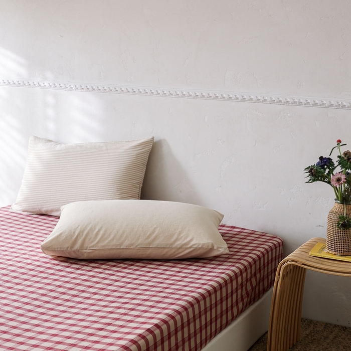 91家纺网 家纺一手货源 找家纺 棉眠 2026新款调色盘水洗棉混搭单品系列-格子单床笠 红格