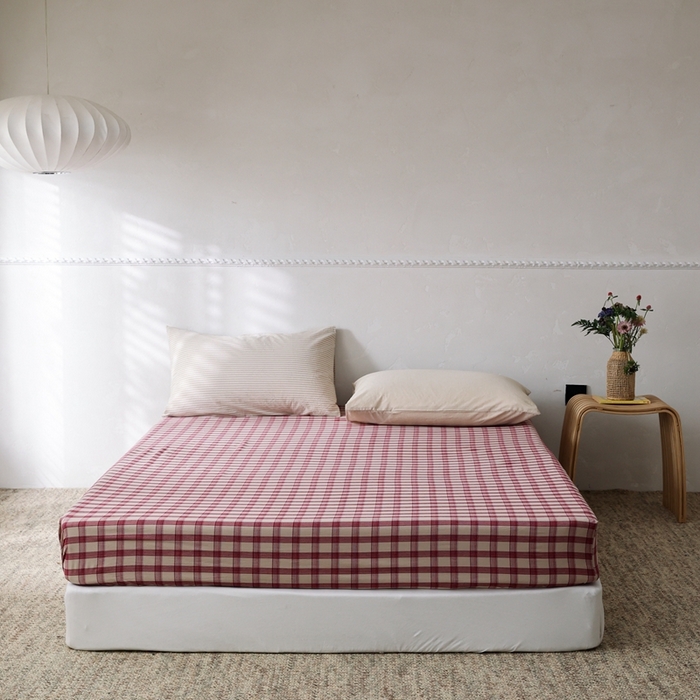 91家纺网 家纺一手货源 找家纺 棉眠 2026新款调色盘水洗棉混搭单品系列-格子单床笠 红格