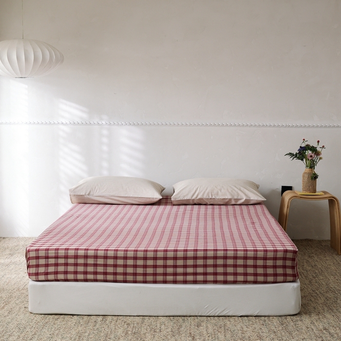 91家纺网 家纺一手货源 找家纺 棉眠 2026新款调色盘水洗棉混搭单品系列-格子单床笠 红格