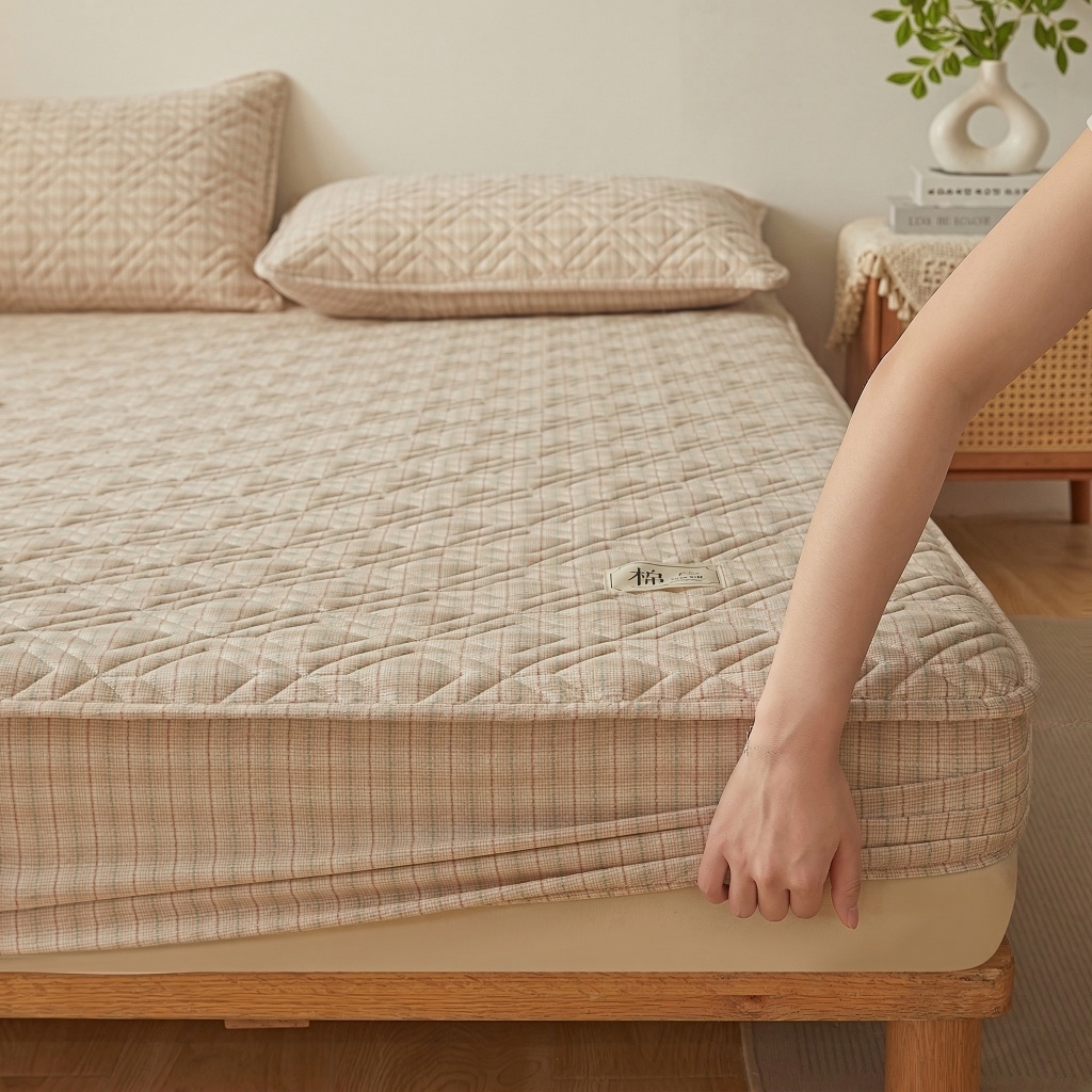 91家纺网 家纺一手货源 找家纺 缦彩 2026新款全棉纯棉水洗棉新疆棉花夹棉格子床笠单品床笠单件 如约-咖