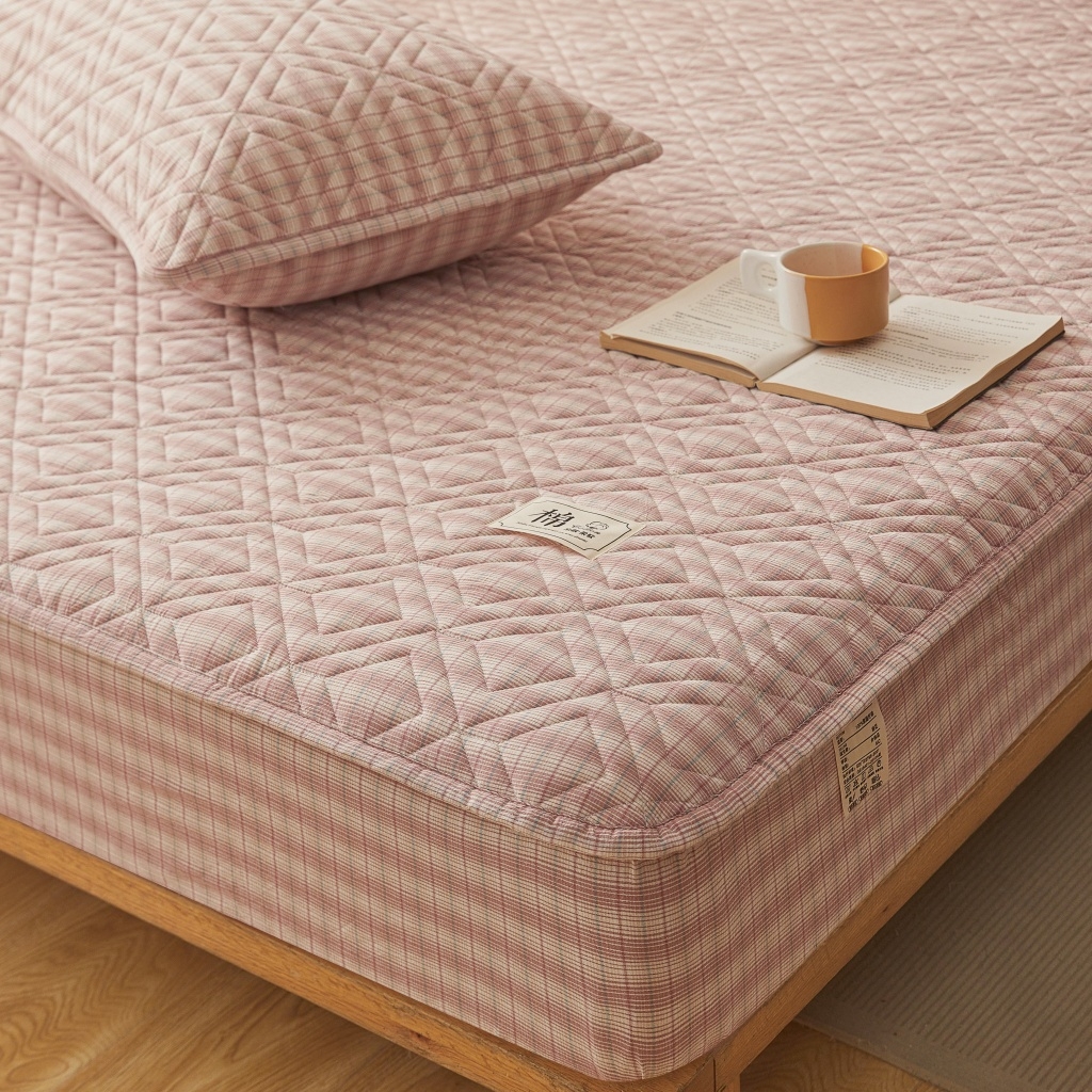 91家纺网 家纺一手货源 找家纺 缦彩 2026新款全棉纯棉水洗棉新疆棉花夹棉格子床笠单品床笠单件 如约-粉