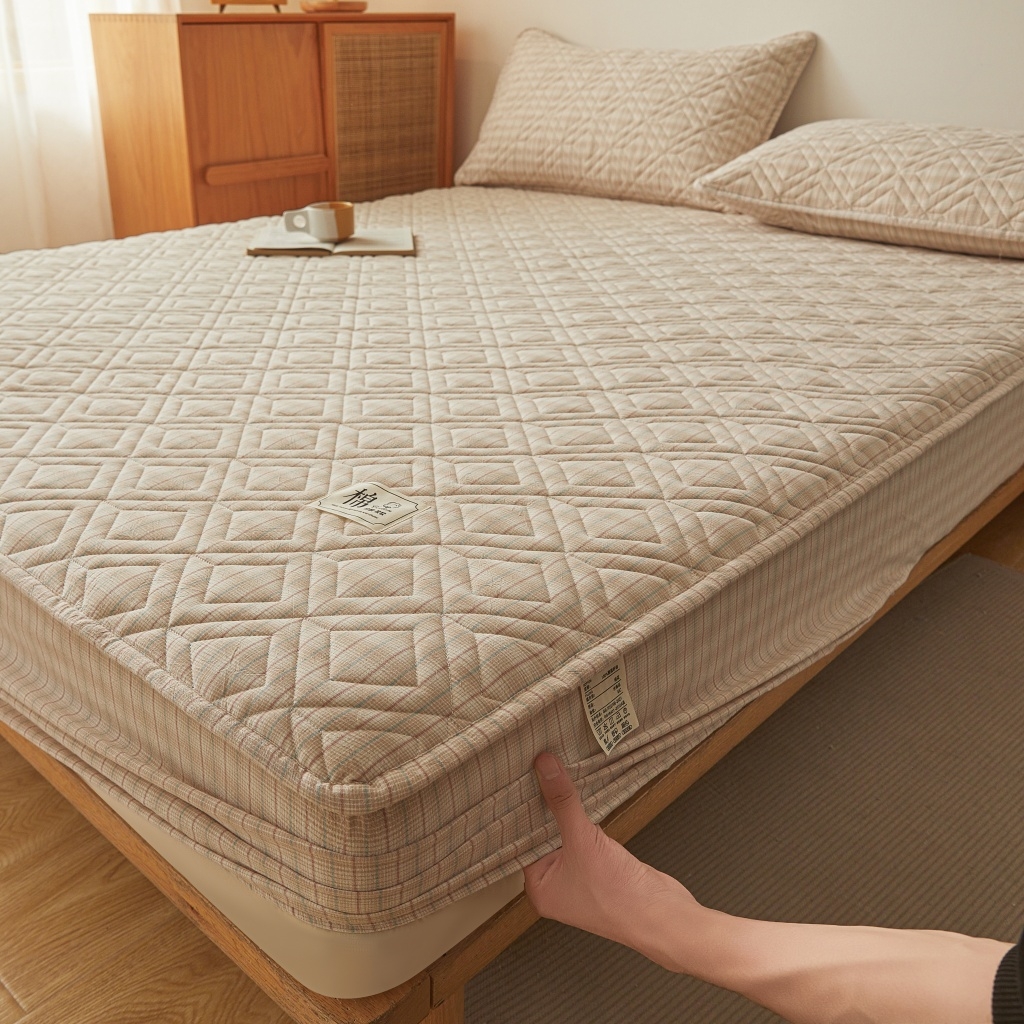 91家纺网 家纺一手货源 找家纺 缦彩 2026新款全棉纯棉水洗棉新疆棉花夹棉格子床笠单品床笠单件 如约-咖