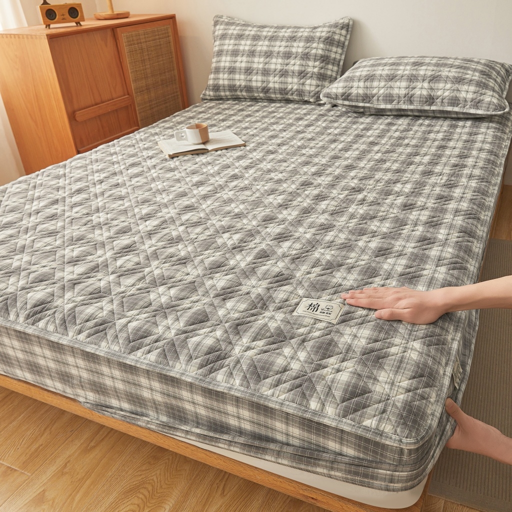 缦彩 2026新款全棉纯棉水洗棉新疆棉花夹棉格子床笠单品床笠单件 舒然-灰