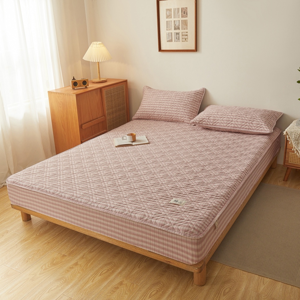 91家纺网 家纺一手货源 找家纺 缦彩 2026新款全棉纯棉水洗棉新疆棉花夹棉格子床笠单品床笠单件 如约-粉