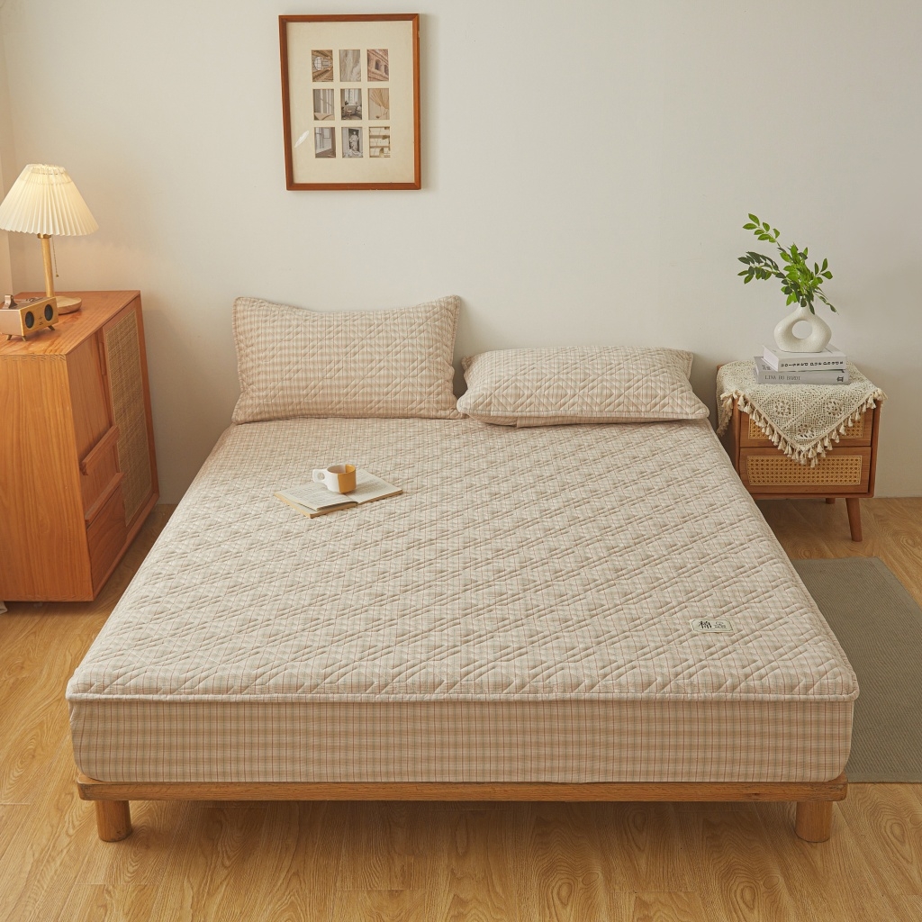 91家纺网 家纺一手货源 找家纺 缦彩 2026新款全棉纯棉水洗棉新疆棉花夹棉格子床笠单品床笠单件 如约-咖