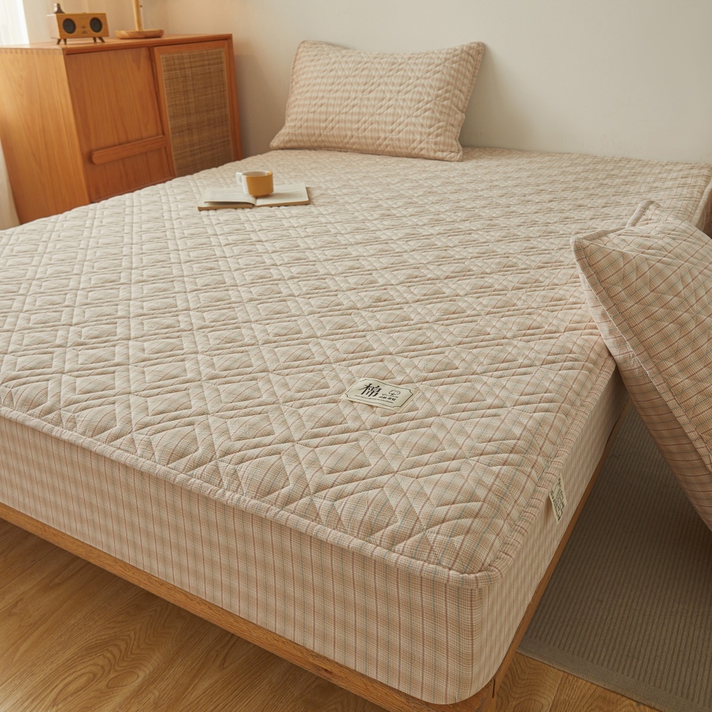 91家纺网 家纺一手货源 找家纺 缦彩 2026新款全棉纯棉水洗棉新疆棉花夹棉格子床笠单品床笠单件 如约-咖