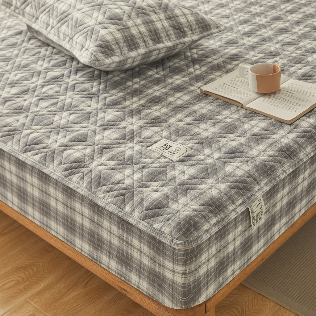 91家纺网 家纺一手货源 找家纺 缦彩 2026新款全棉纯棉水洗棉新疆棉花夹棉格子床笠单品床笠单件 舒然-灰