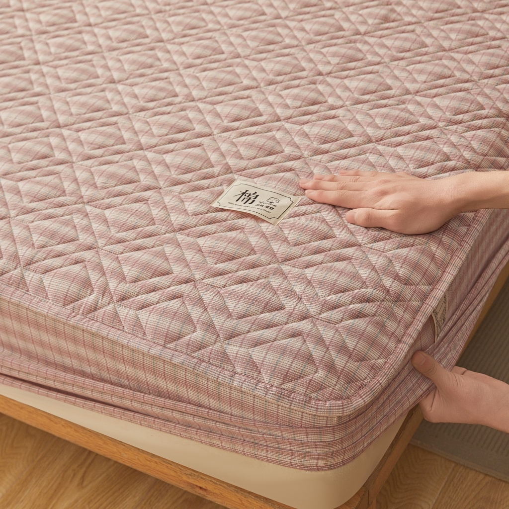 91家纺网 家纺一手货源 找家纺 缦彩 2026新款全棉纯棉水洗棉新疆棉花夹棉格子床笠单品床笠单件 如约-粉