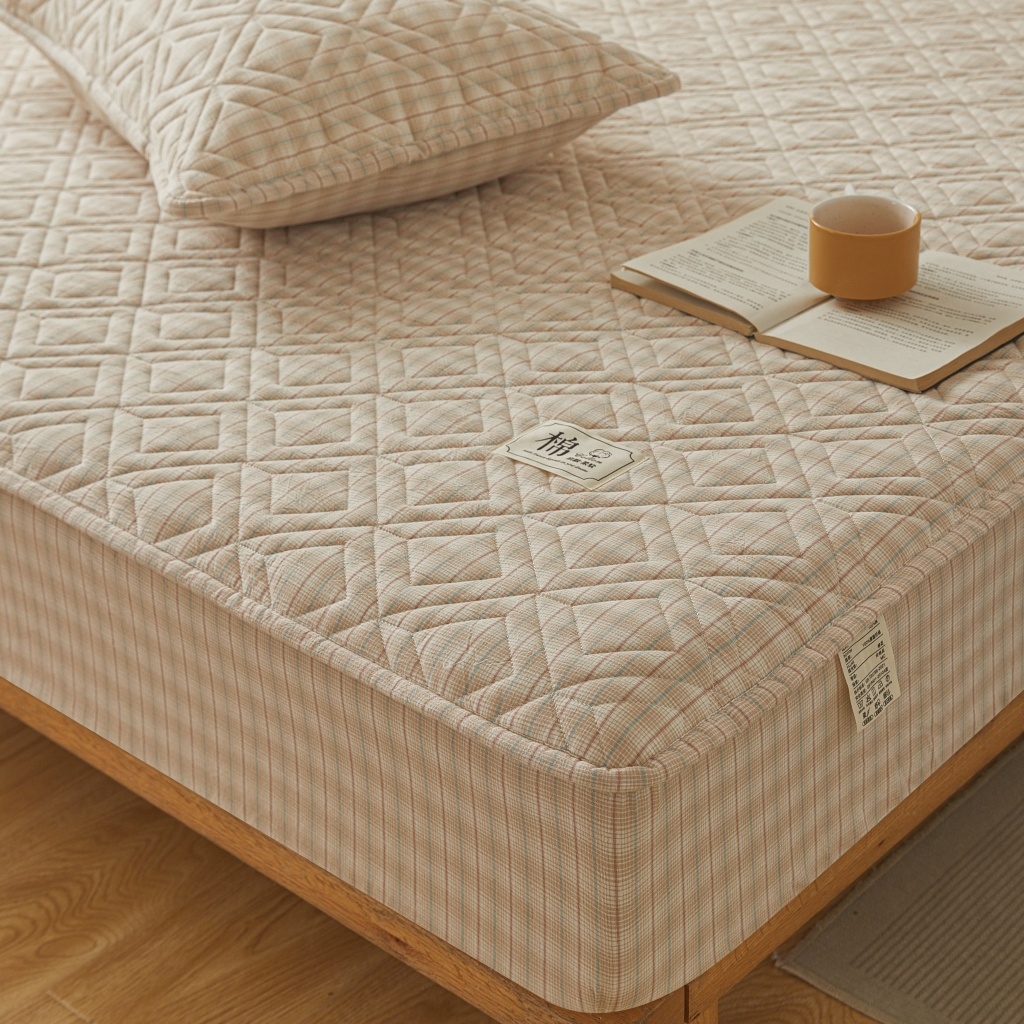 91家纺网 家纺一手货源 找家纺 缦彩 2026新款全棉纯棉水洗棉新疆棉花夹棉格子床笠单品床笠单件 如约-咖