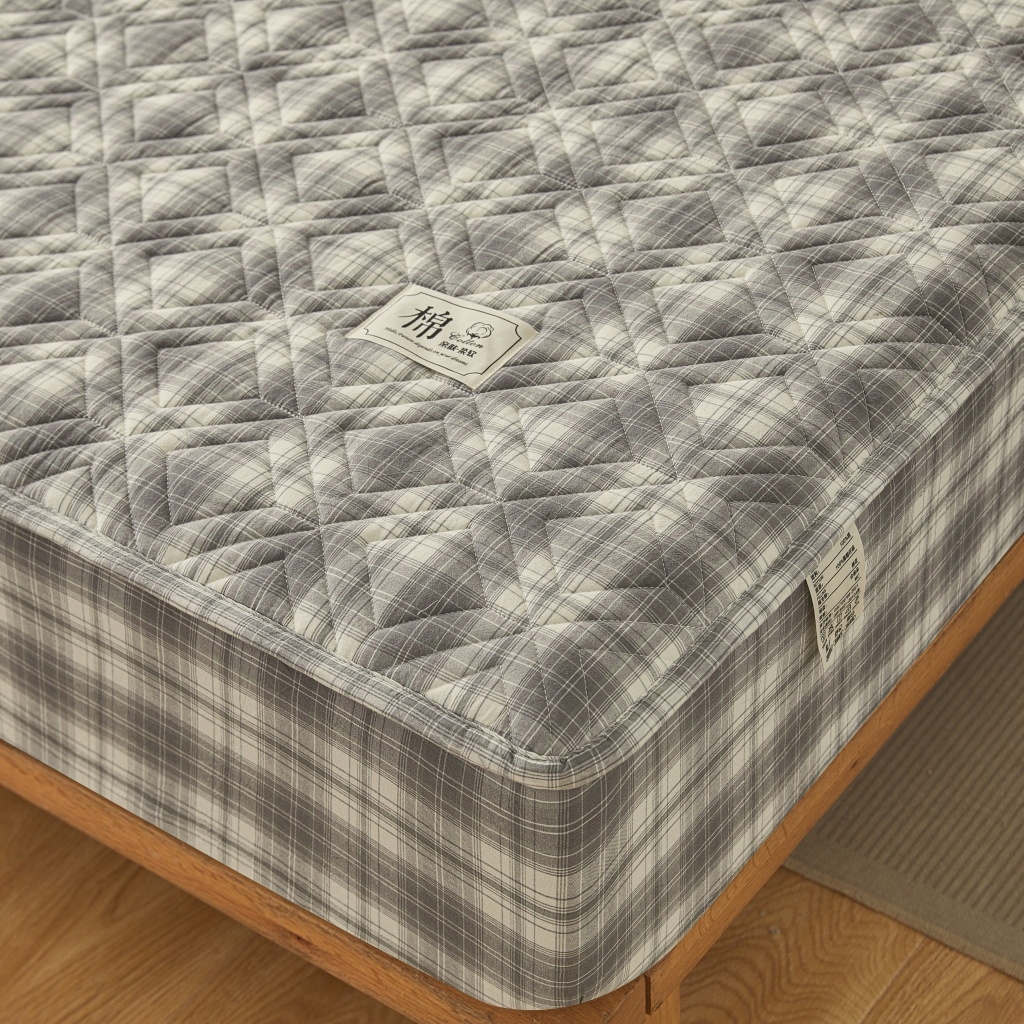 91家纺网 家纺一手货源 找家纺 缦彩 2026新款全棉纯棉水洗棉新疆棉花夹棉格子床笠单品床笠单件 舒然-灰