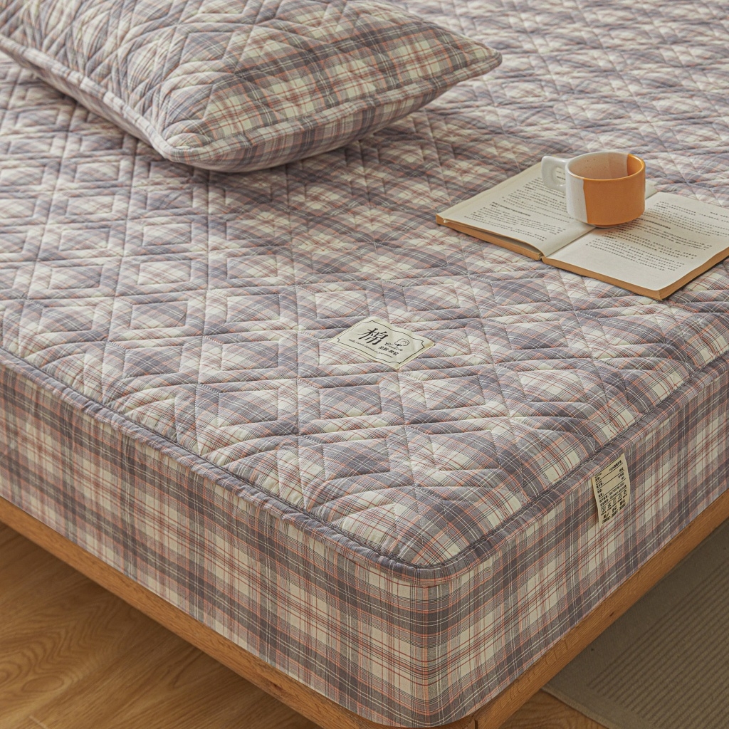 91家纺网 家纺一手货源 找家纺 缦彩 2026新款全棉纯棉水洗棉新疆棉花夹棉格子床笠单品床笠单件 舒然-粉