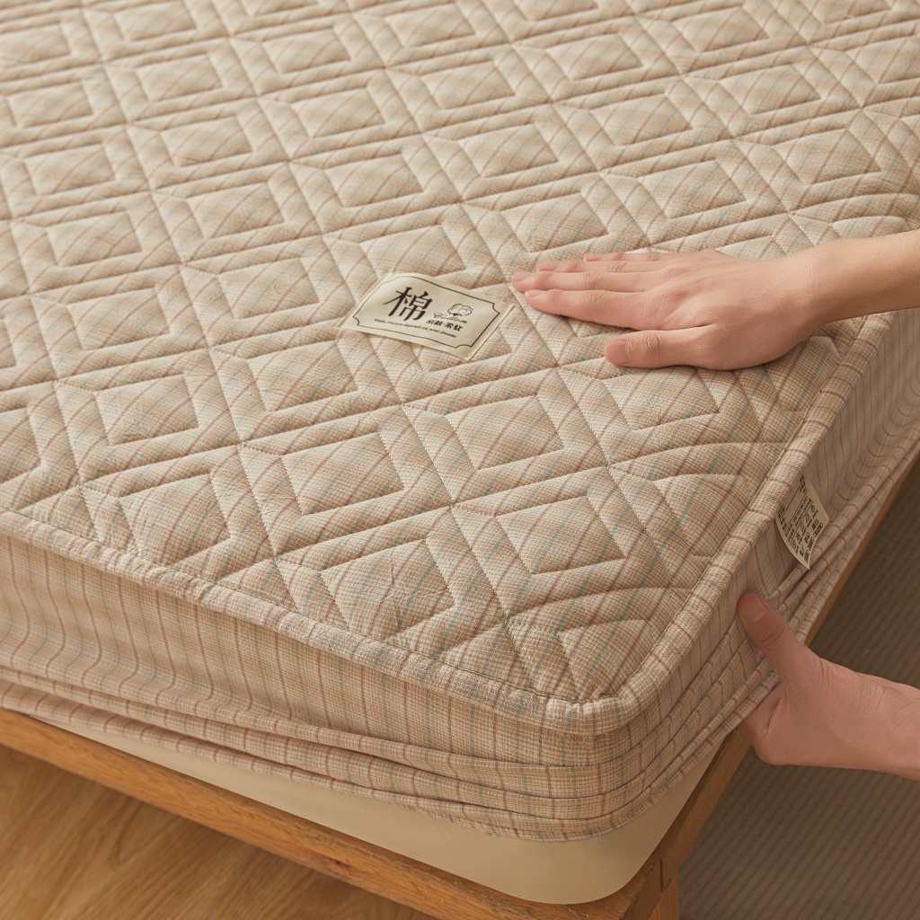 91家纺网 家纺一手货源 找家纺 缦彩 2026新款全棉纯棉水洗棉新疆棉花夹棉格子床笠单品床笠单件 如约-咖