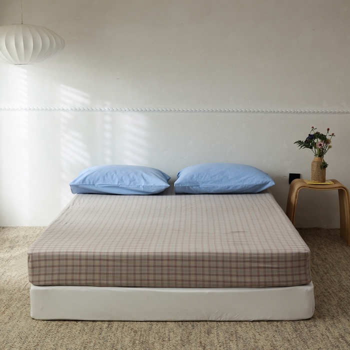 91家纺网 家纺一手货源 找家纺 棉眠 2026新款调色盘水洗棉混搭单品系列-格子单床笠 焦糖格