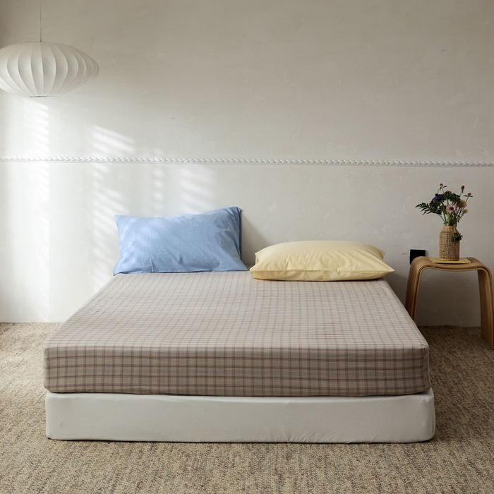 91家纺网 家纺一手货源 找家纺 棉眠 2026新款调色盘水洗棉混搭单品系列-格子单床笠 焦糖格