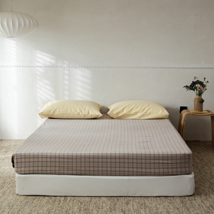 91家纺网 家纺一手货源 找家纺 棉眠 2026新款调色盘水洗棉混搭单品系列-格子单床笠 焦糖格