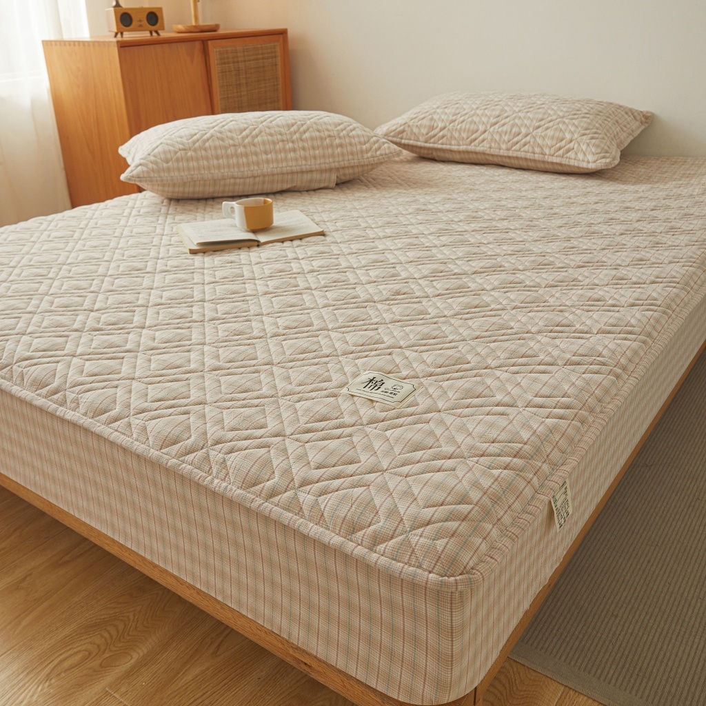 91家纺网 家纺一手货源 找家纺 缦彩 2026新款全棉纯棉水洗棉新疆棉花夹棉格子床笠单品床笠单件 如约-咖