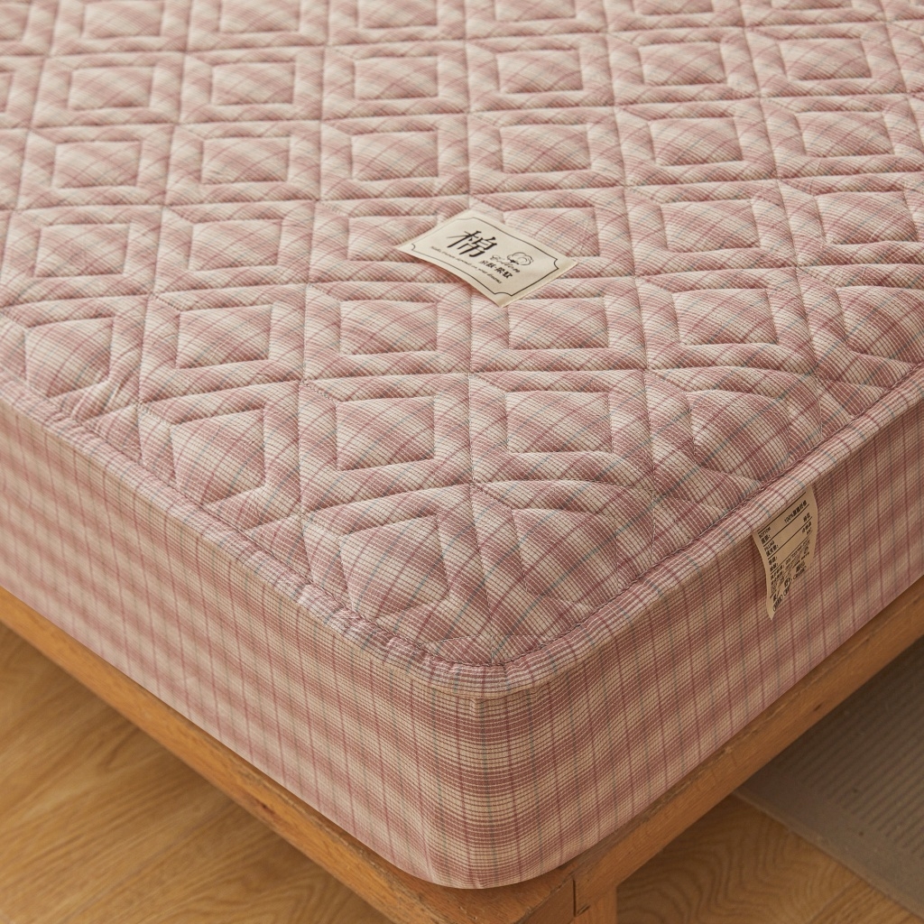 91家纺网 家纺一手货源 找家纺 缦彩 2026新款全棉纯棉水洗棉新疆棉花夹棉格子床笠单品床笠单件 如约-粉