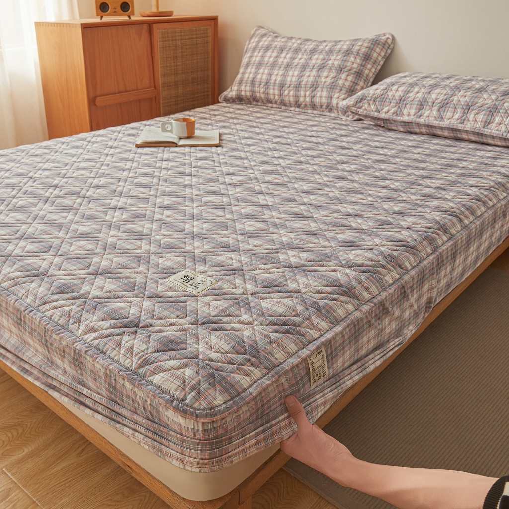 91家纺网 家纺一手货源 找家纺 缦彩 2026新款全棉纯棉水洗棉新疆棉花夹棉格子床笠单品床笠单件 舒然-粉