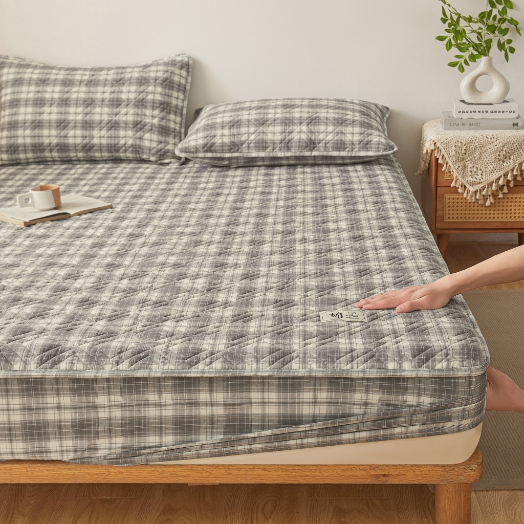 91家纺网 家纺一手货源 找家纺 缦彩 2026新款全棉纯棉水洗棉新疆棉花夹棉格子床笠单品床笠单件 舒然-灰